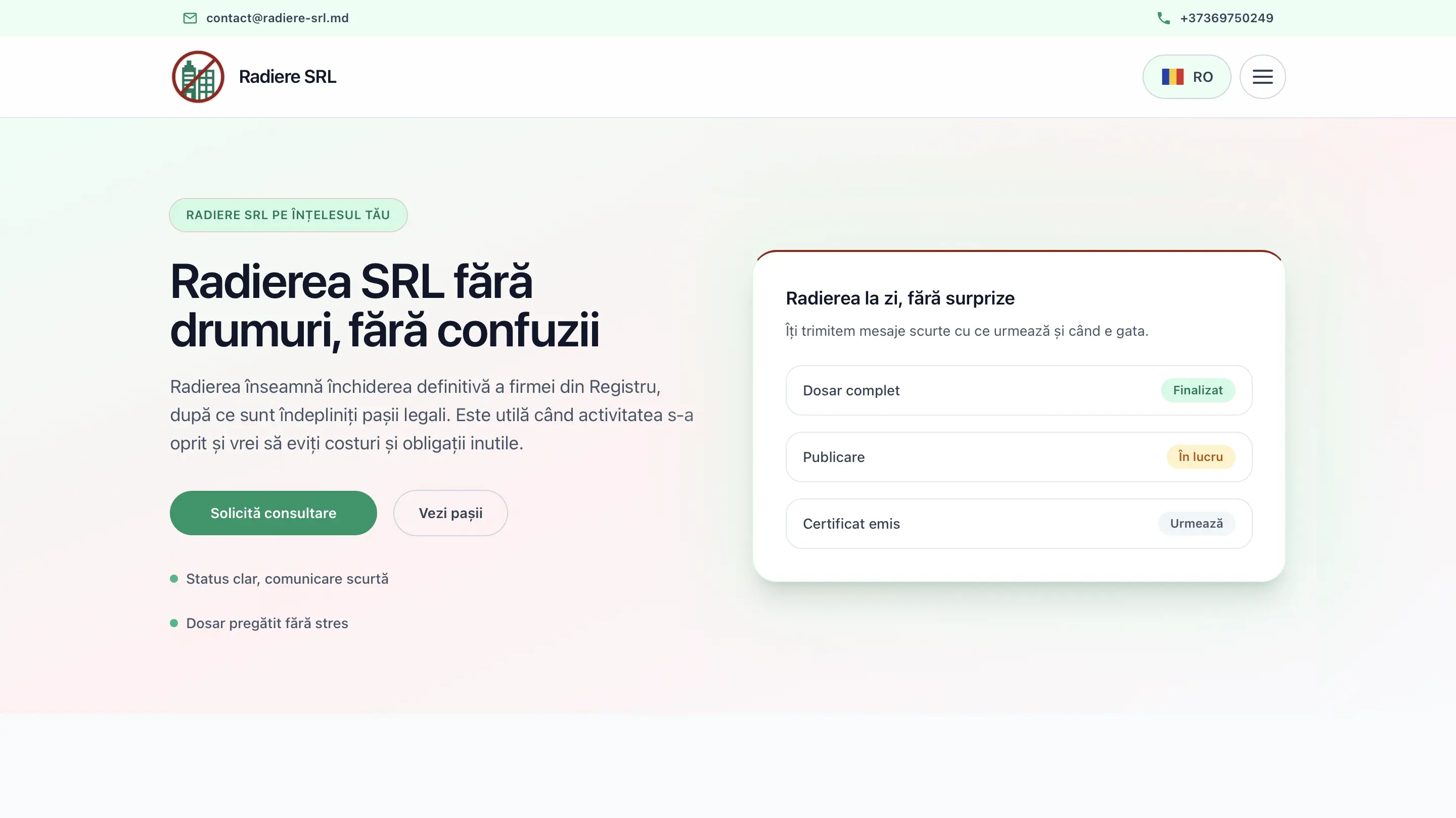 Radiere SRL – Landing page pentru servicii juridice, radiere și lichidare companii în Republica Moldova